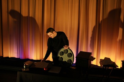 Magician Mike Paldino with Russian Roulette wheel, in Boyertown, Pa.